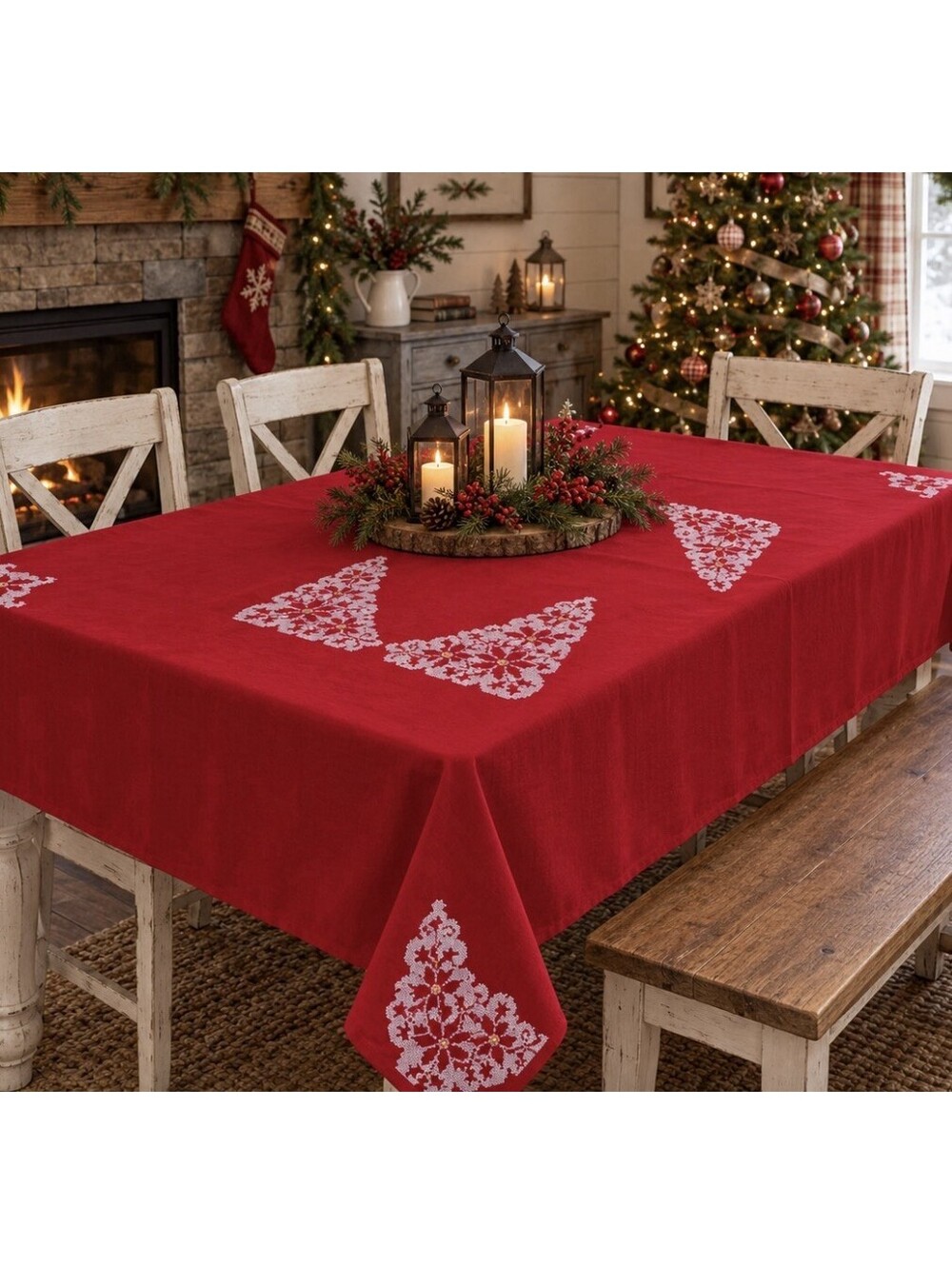 VTG Christmas Tablecloth Red White Embroidered Poinsettia  54x70” Bucilla New